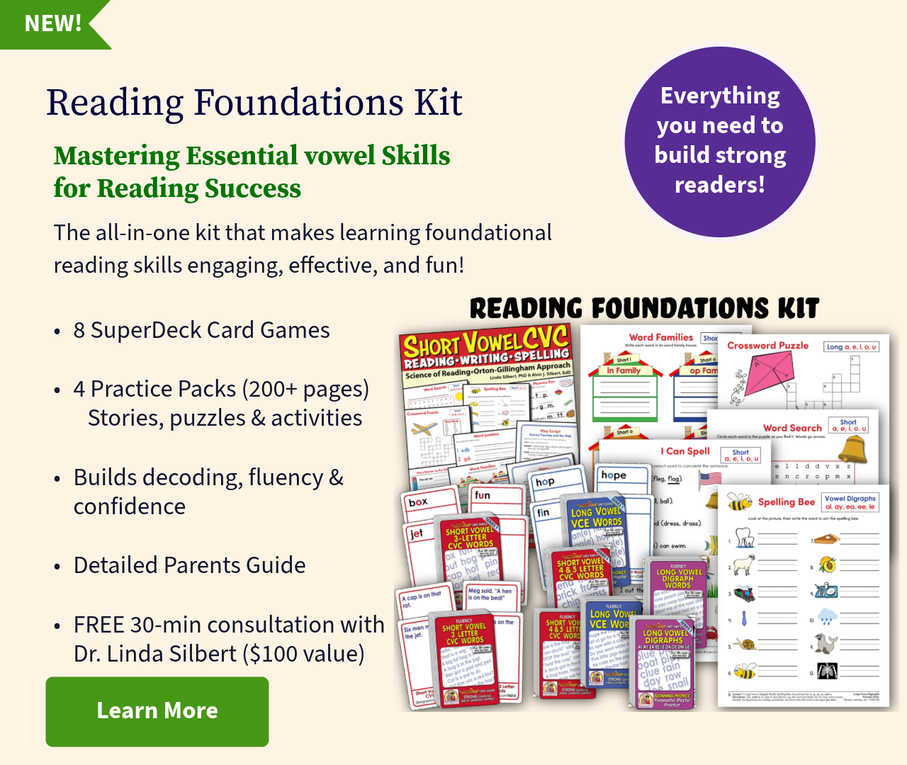 Reading Foundations Kit with short vowel and long vowel phonics practice packs and SuperDeck card games from Strong Learning.